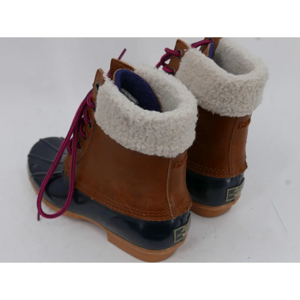 Bass Harlequin Winter Boots Brown Navy Faux Fur Ankle Lace Up Womens Size 6